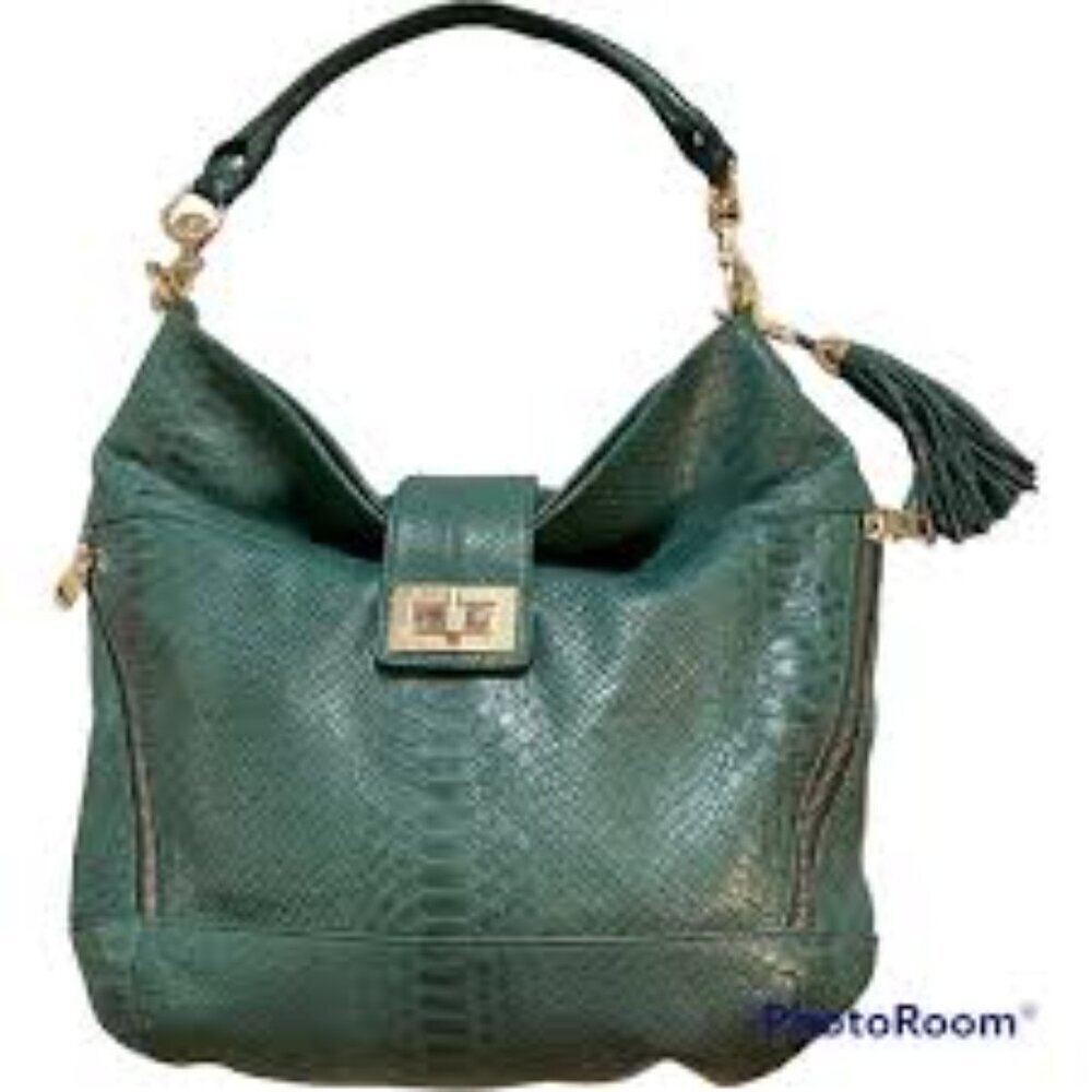 Rebecca Minkoff Snakeskin Croc Embossed Forest Green Hobo Bag with Gold Accents